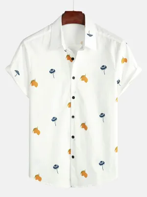 Men's Cotton White Hawaiian Button Up Beach Holiday Summer Short Sleeve Shirt