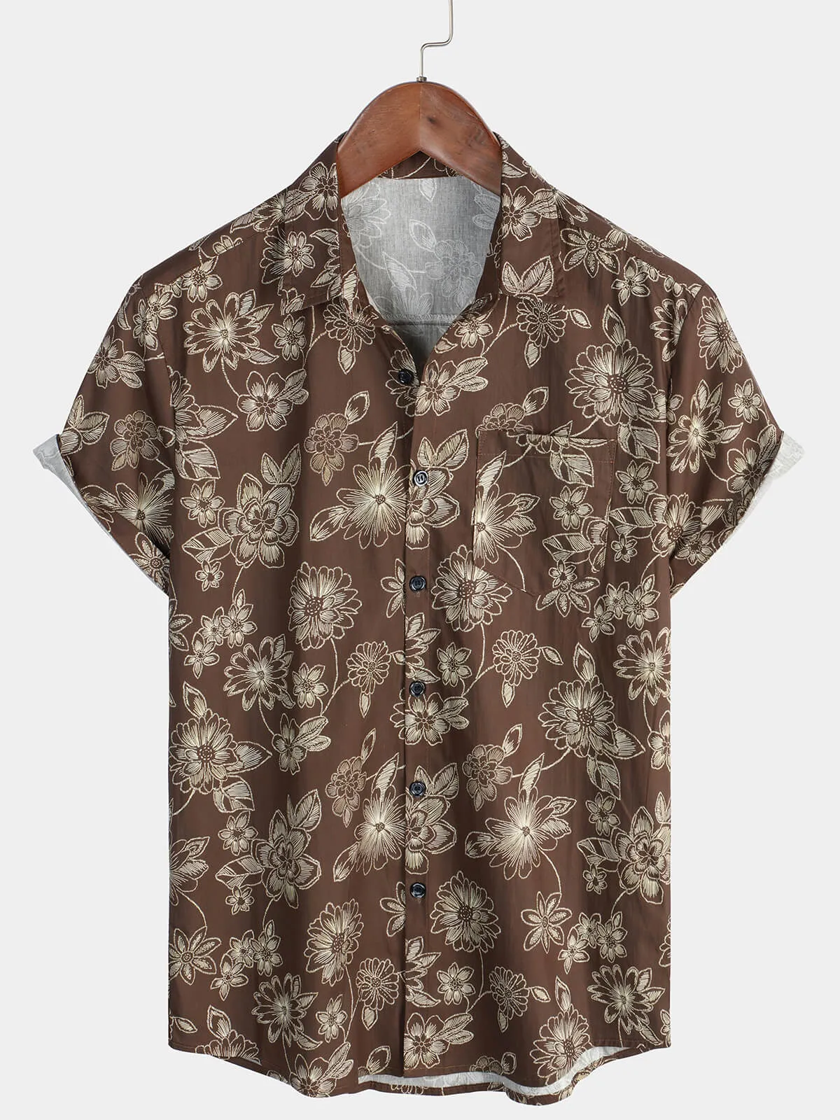 Men's Floral Brown Hawaiian Holiday Short Sleeve Shirt
