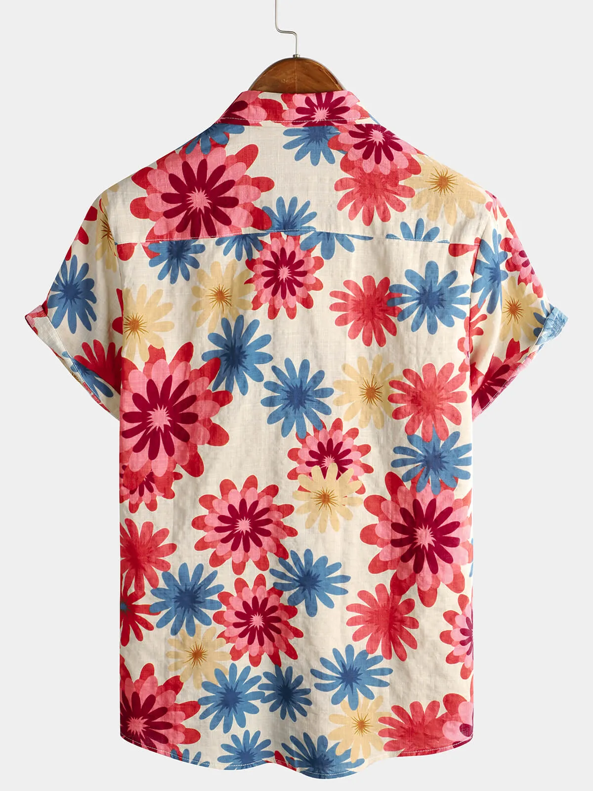 Men's Floral Cotton Daisy Flower Summer Beach Holiday Short Sleeve Hawaiian Button Up Shirt