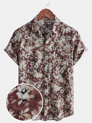 Men's Floral Holiday Casual Pocket Short Sleeve Button Up Shirt