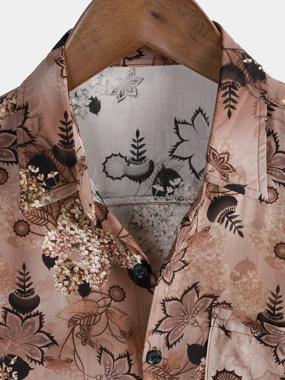 Men's Floral Pocket Holiday Casual Brown Short Sleeve Button Up Shirt