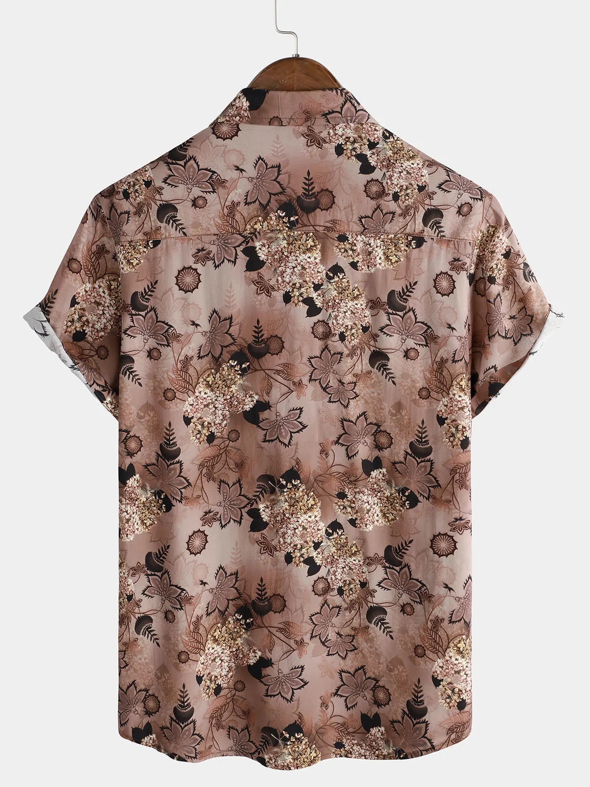 Men's Floral Pocket Holiday Casual Brown Short Sleeve Button Up Shirt
