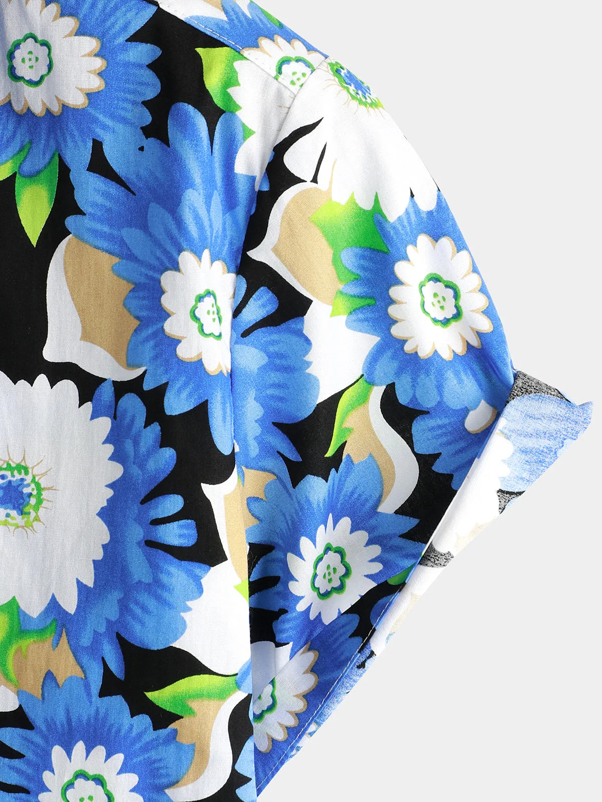 Men's Floral Print Breathable Cotton Cool Short Sleeve Blue Flower Button Up Shirt