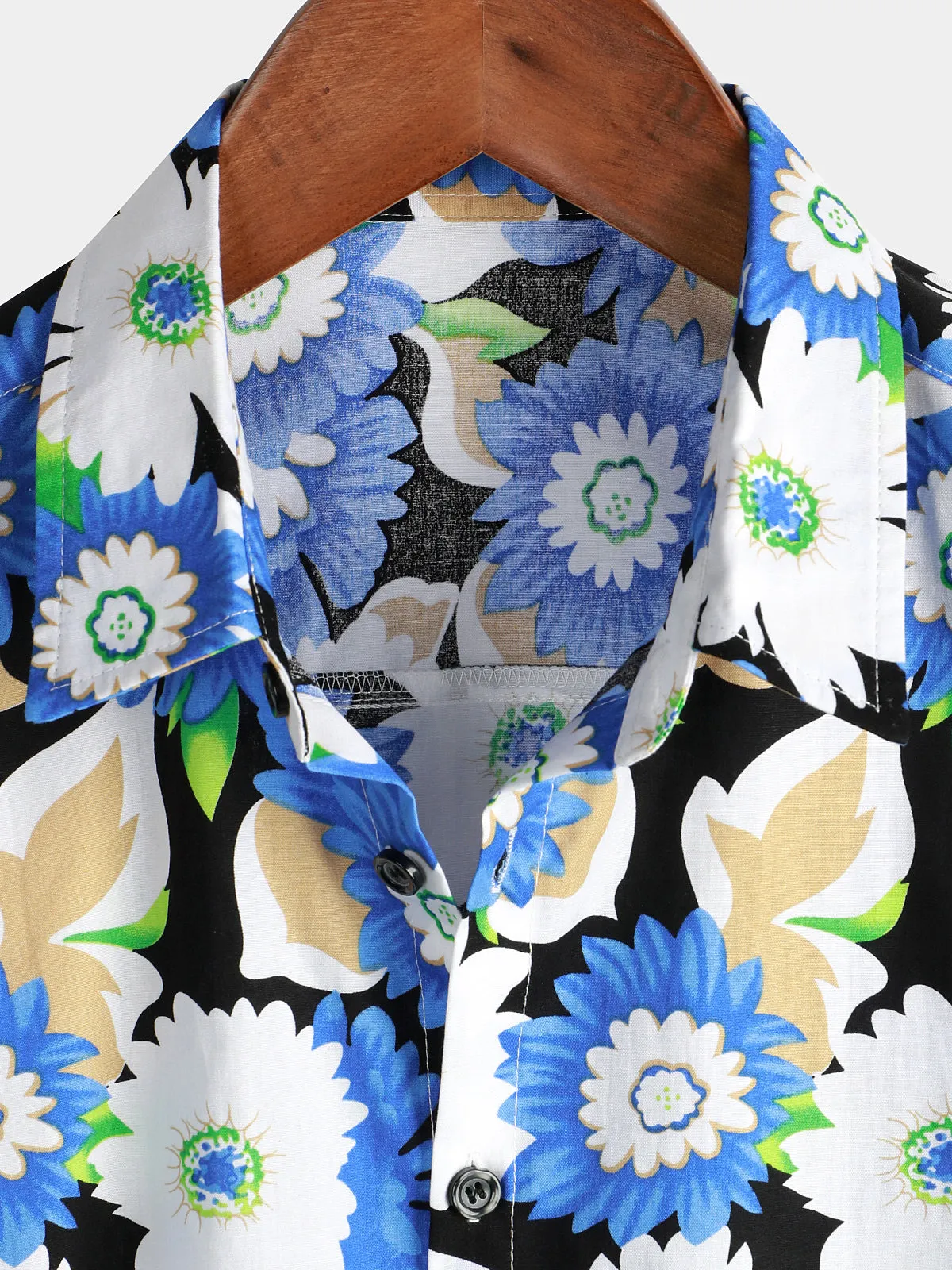 Men's Floral Print Breathable Cotton Cool Short Sleeve Blue Flower Button Up Shirt