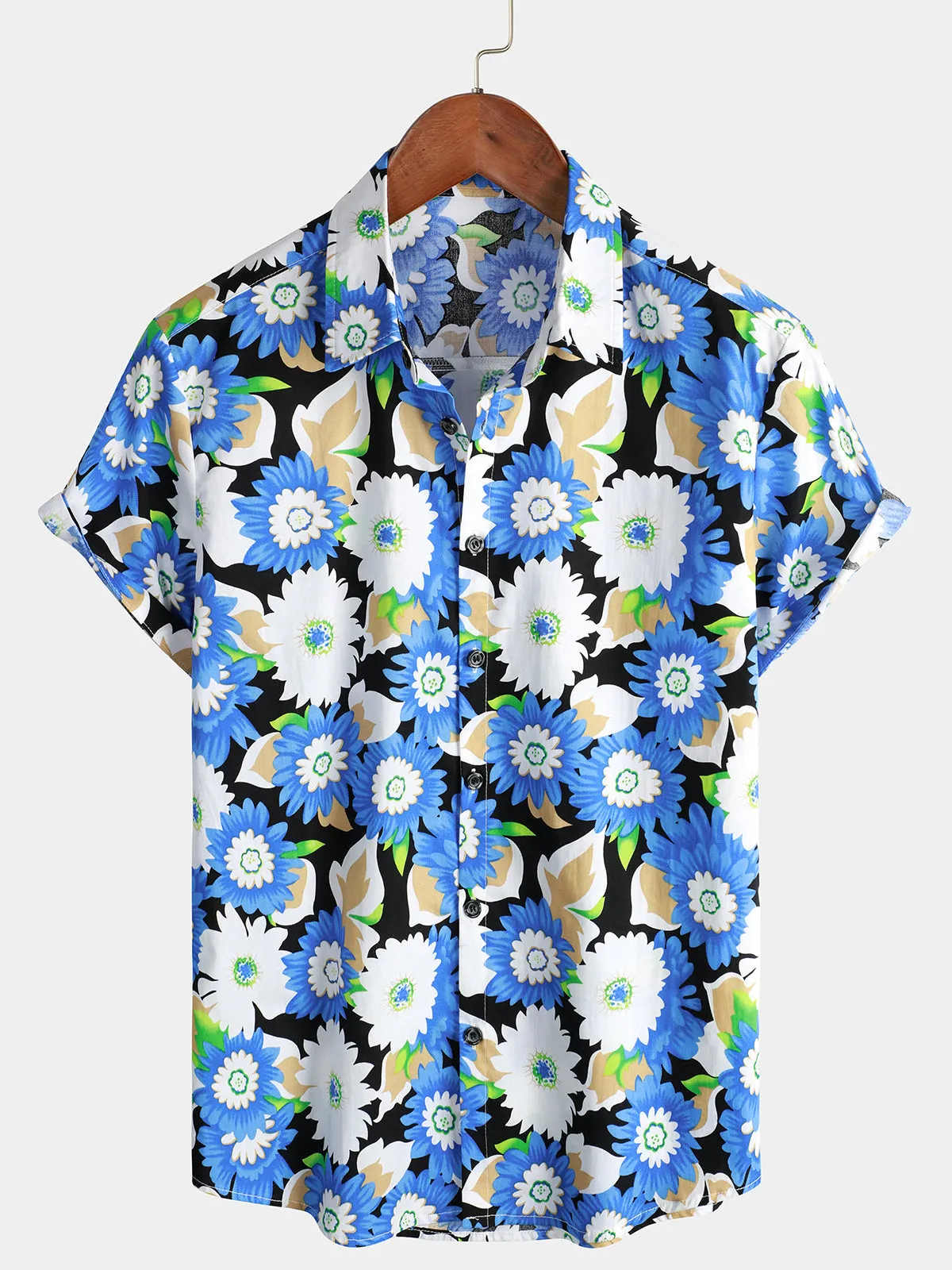 Men's Floral Print Breathable Cotton Cool Short Sleeve Blue Flower Button Up Shirt