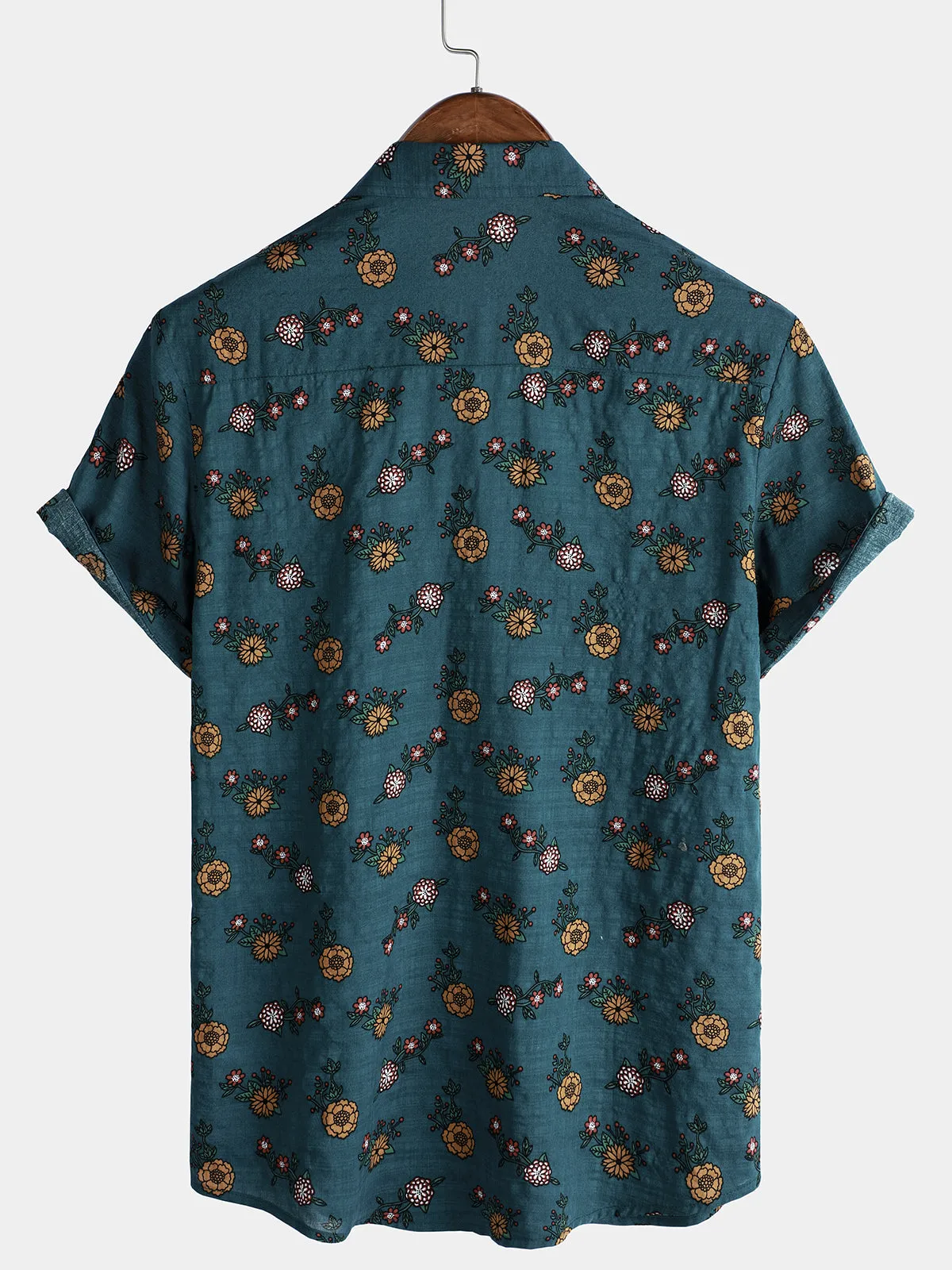 Men's Floral Print Vintage Blue Hawaiian Short Sleeve Shirt