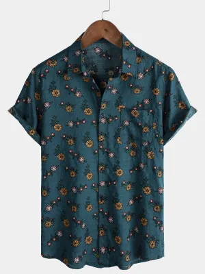 Men's Floral Print Vintage Blue Hawaiian Short Sleeve Shirt