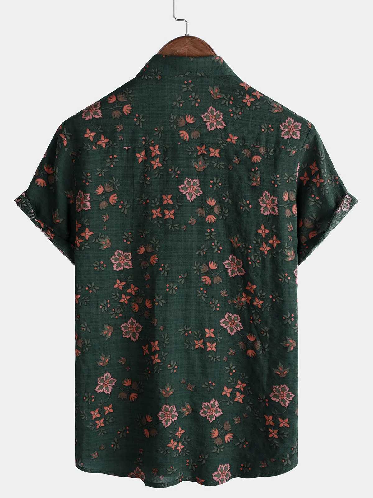 Men's Floral Print Vintage Holiday Green Hawaiian Short Sleeve Shirt