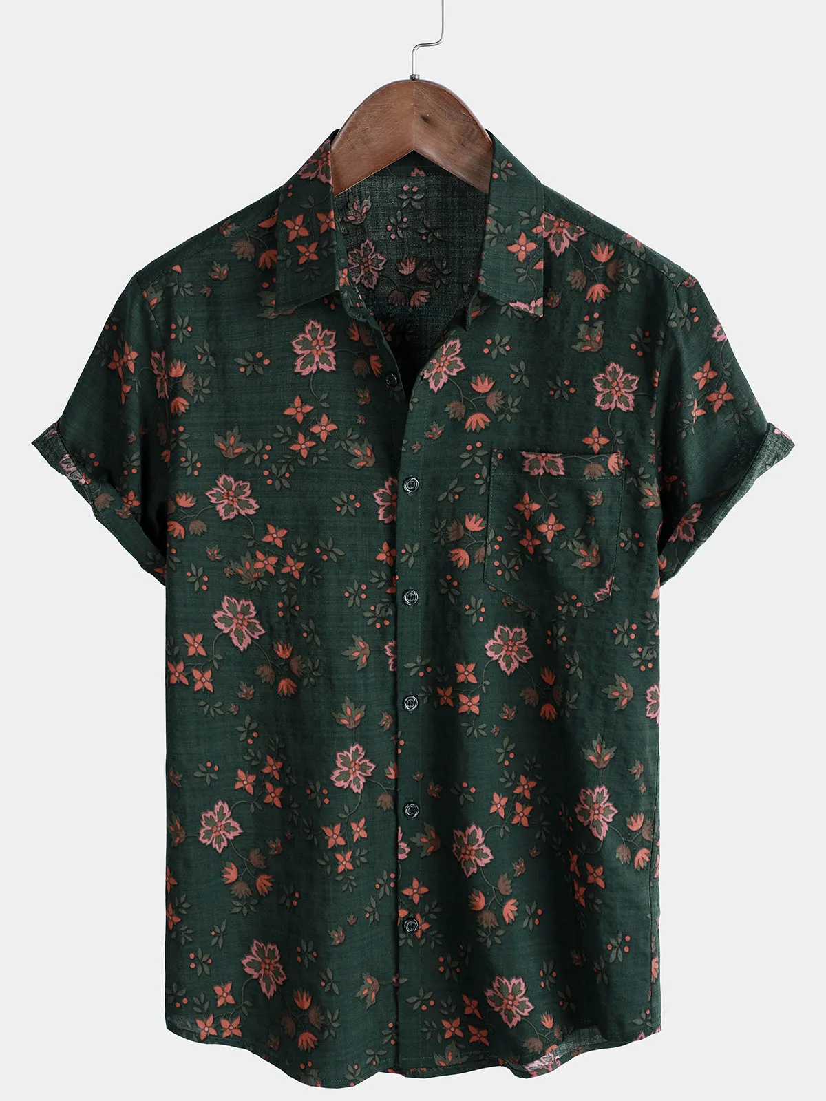 Men's Floral Print Vintage Holiday Green Hawaiian Short Sleeve Shirt
