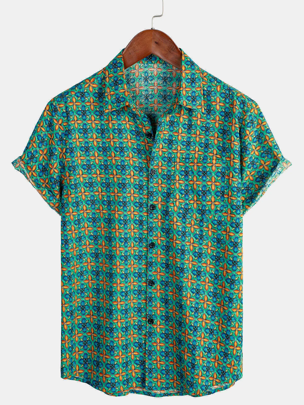Men's Floral Vintage Short Sleeve Leisure Cotton Button Up Shirt
