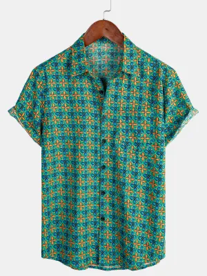 Men's Floral Vintage Short Sleeve Leisure Cotton Button Up Shirt