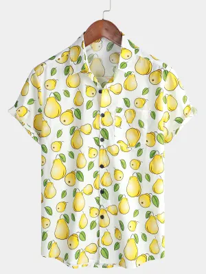 Mens Funny Hawaiian Pear Fruit Short Sleeve Button Up Shirt