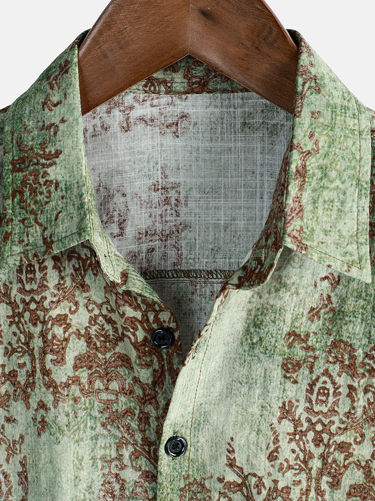 Men's Green Cotton Vintage Short Sleeve Summer Button Up Shirt