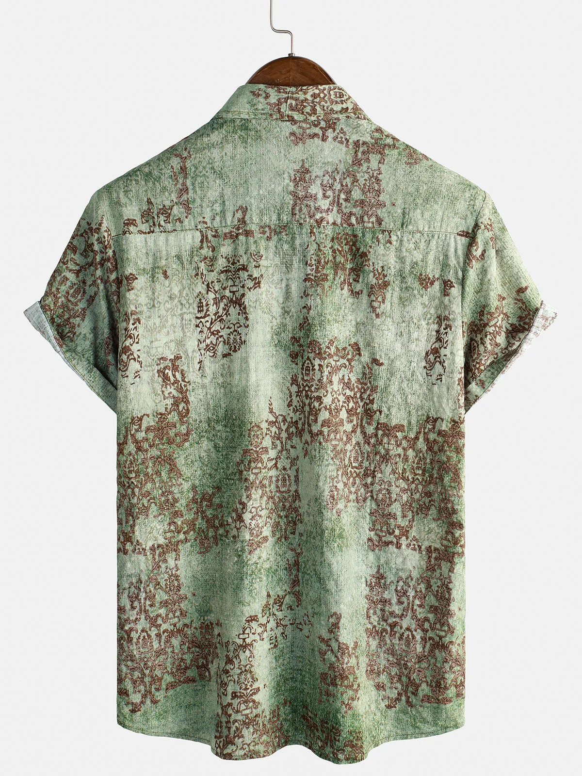 Men's Green Cotton Vintage Short Sleeve Summer Button Up Shirt