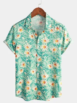 Men's Green Retro Beach Daisy Hawaiian Cotton Holiday Button Up Short Sleeve Floral Shirt