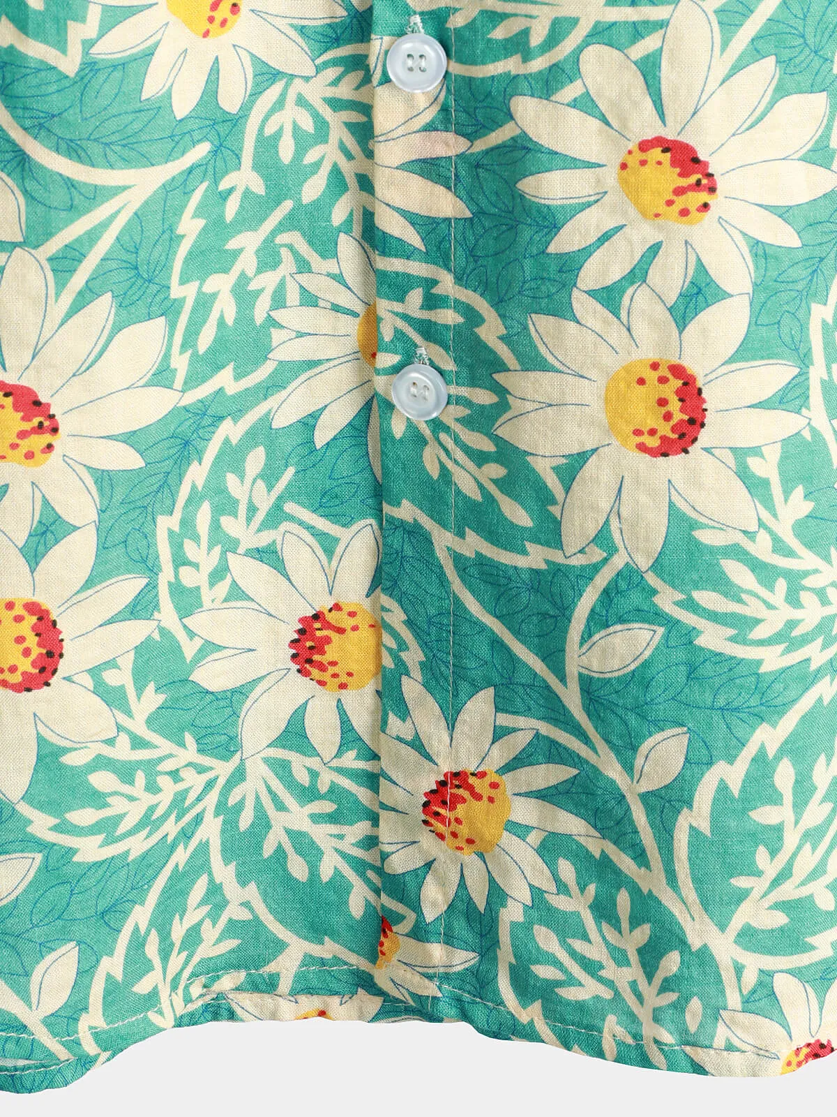 Men's Green Retro Beach Daisy Hawaiian Cotton Holiday Button Up Short Sleeve Floral Shirt