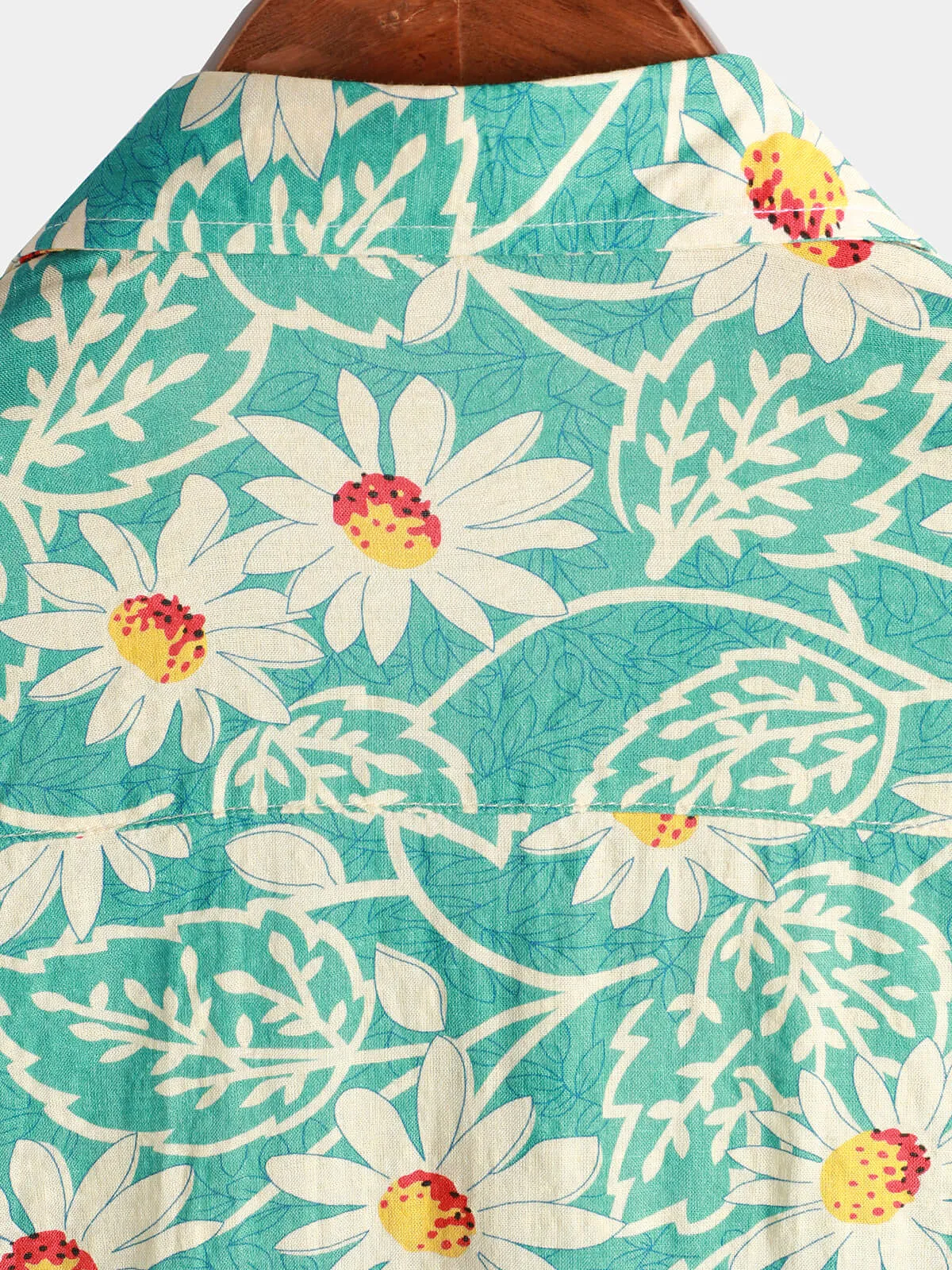 Men's Green Retro Beach Daisy Hawaiian Cotton Holiday Button Up Short Sleeve Floral Shirt