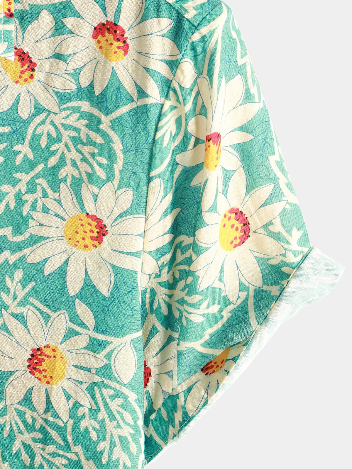 Men's Green Retro Beach Daisy Hawaiian Cotton Holiday Button Up Short Sleeve Floral Shirt