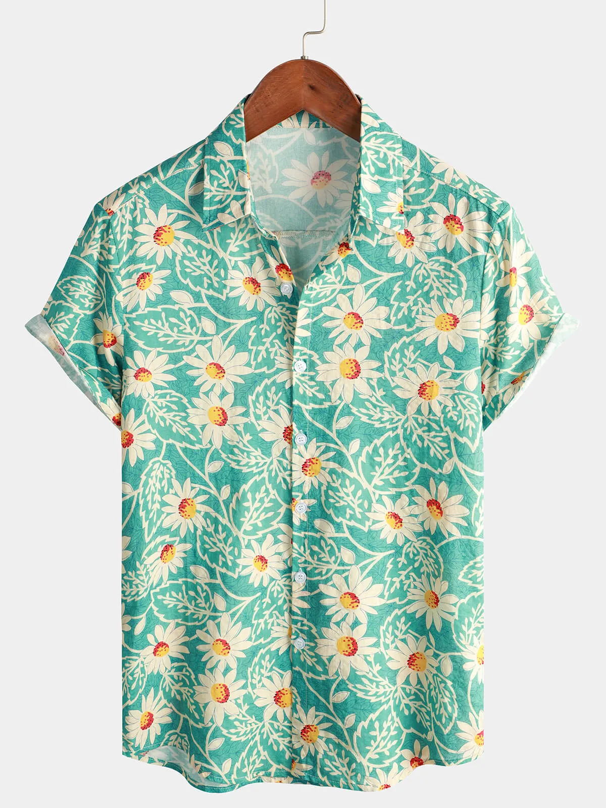 Men's Green Retro Beach Daisy Hawaiian Cotton Holiday Button Up Short Sleeve Floral Shirt