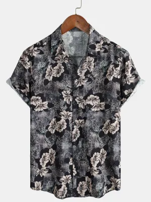 Men's Grey Floral Cotton Holiday Short Sleeve Button Up Shirt