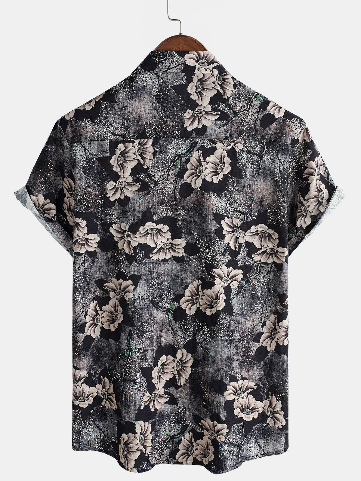 Men's Grey Floral Cotton Holiday Short Sleeve Button Up Shirt