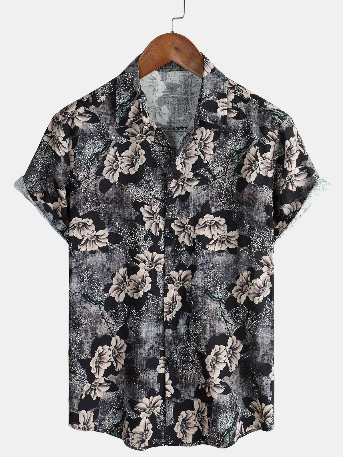 Men's Grey Floral Cotton Holiday Short Sleeve Button Up Shirt