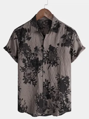 Men's Grey Summer Floral Short Sleeve Cotton Vintage Button Up Shirt