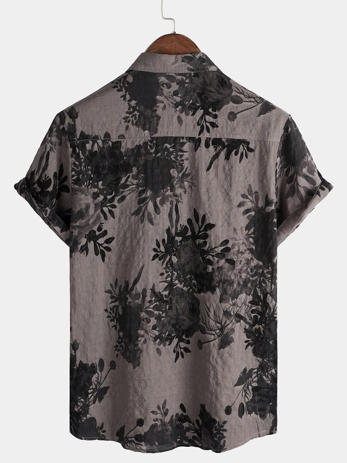 Men's Grey Summer Floral Short Sleeve Cotton Vintage Button Up Shirt