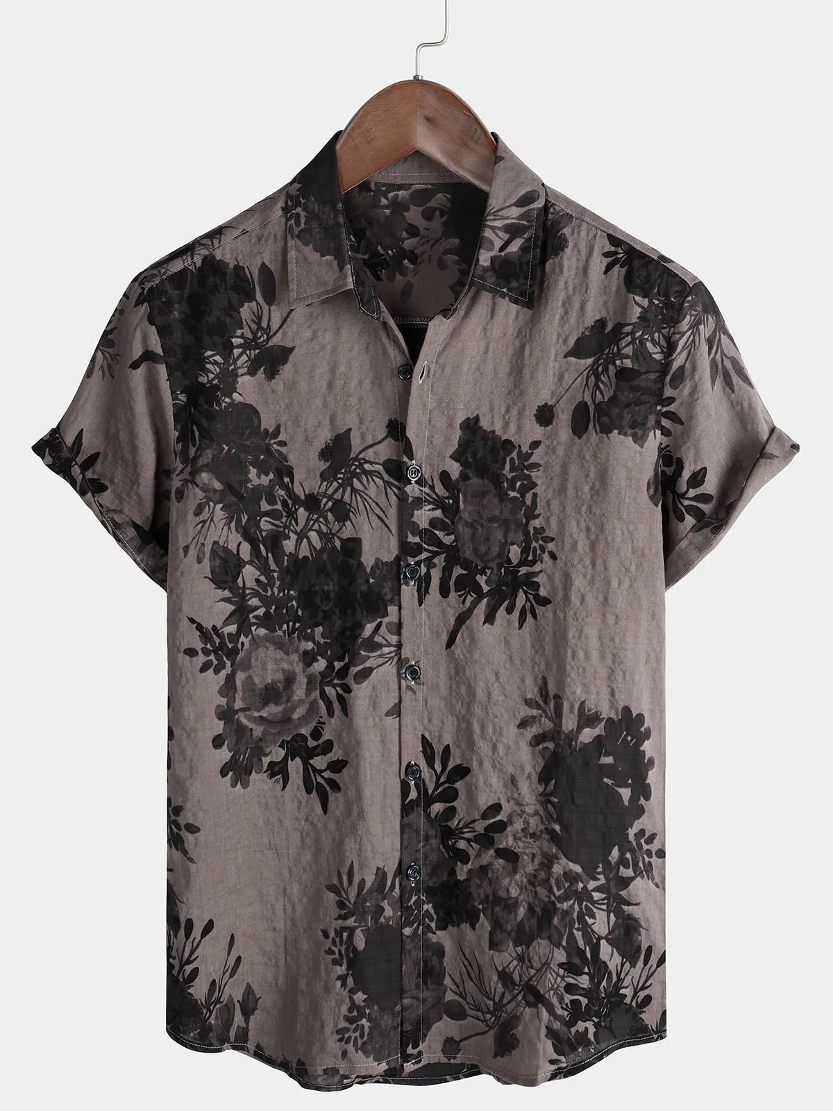 Men's Grey Summer Floral Short Sleeve Cotton Vintage Button Up Shirt