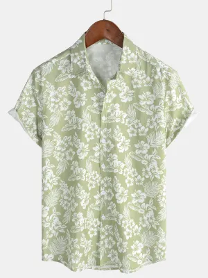 Men's Hawaiian Green Holiday Cotton Summer Floral Button Up Short Sleeve Shirt