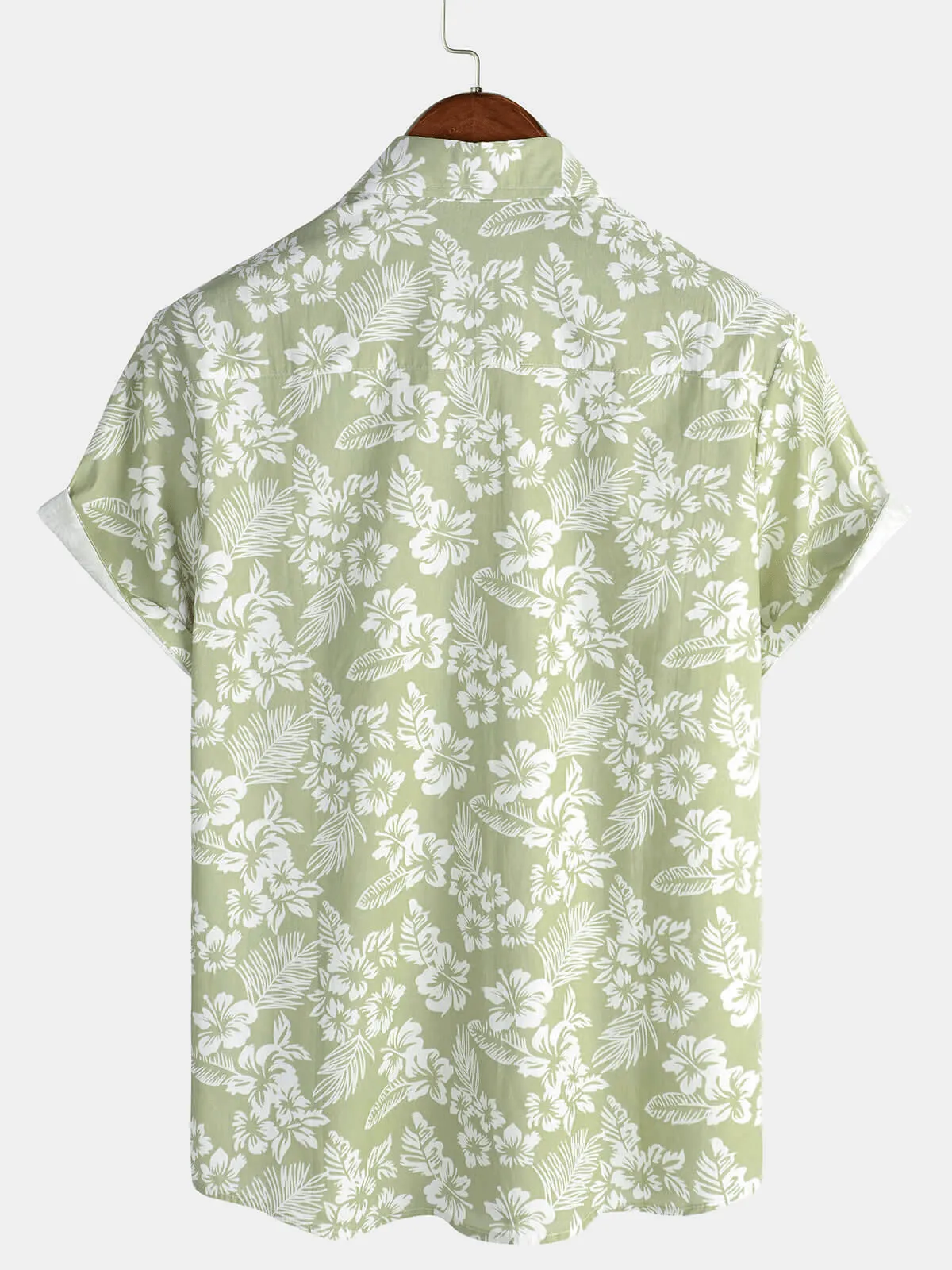 Men's Hawaiian Green Holiday Cotton Summer Floral Button Up Short Sleeve Shirt