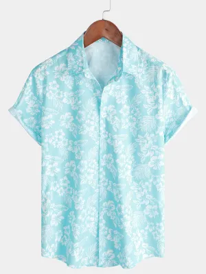 Men's Holiday Blue Hawaiian Floral Button Up Short Sleeve Shirt