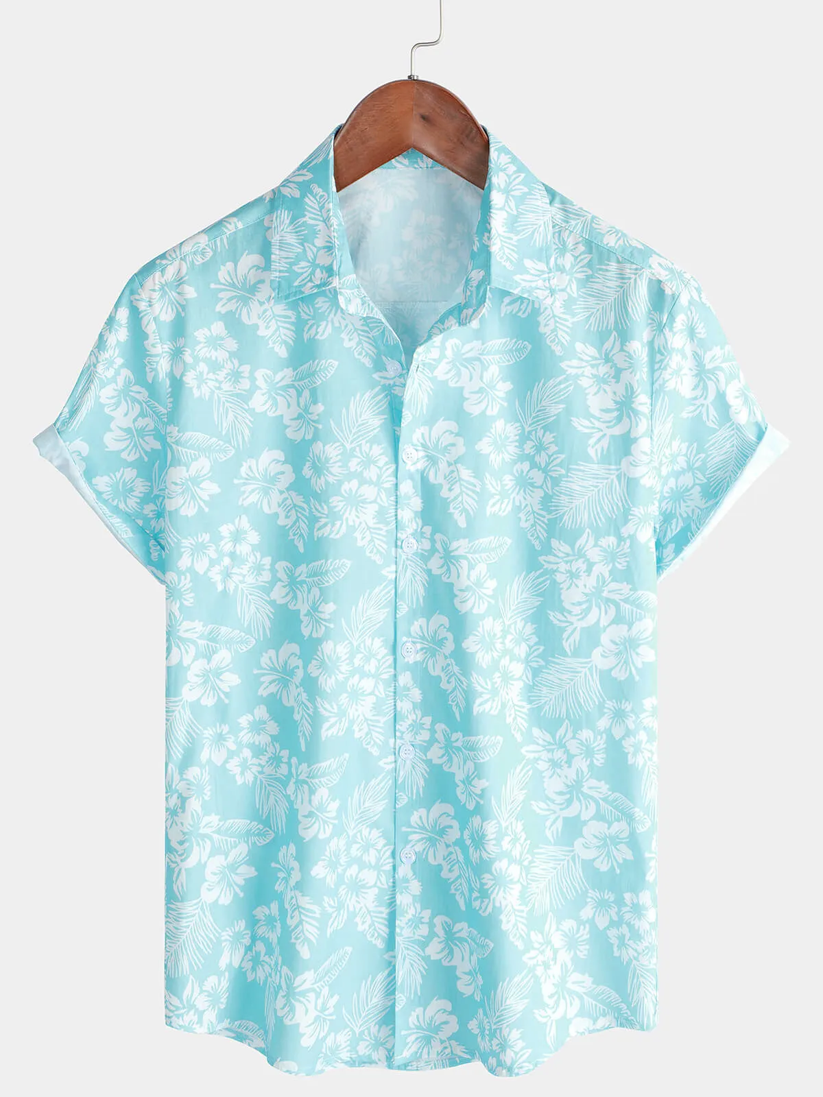 Men's Holiday Blue Hawaiian Floral Button Up Short Sleeve Shirt
