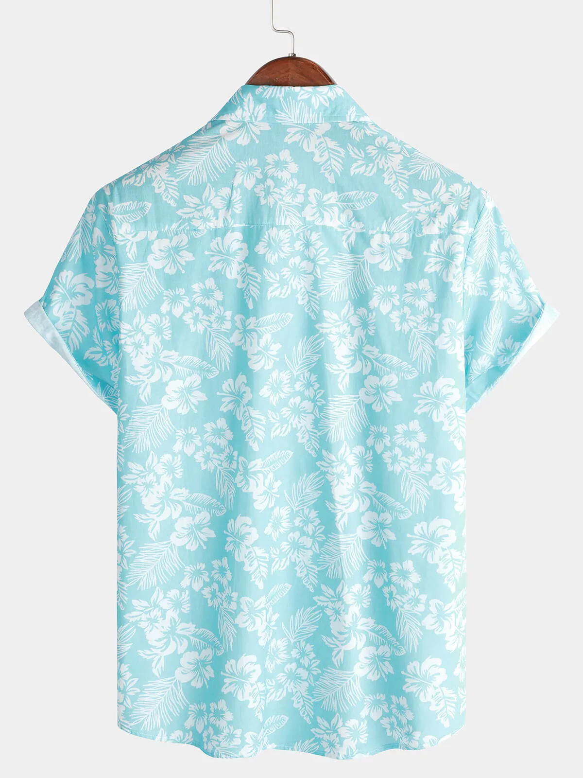 Men's Holiday Blue Hawaiian Floral Button Up Short Sleeve Shirt