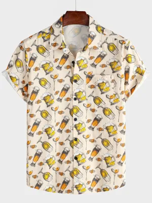 Men's Holiday Casual Beer Short Sleeve Button Up  Shirt