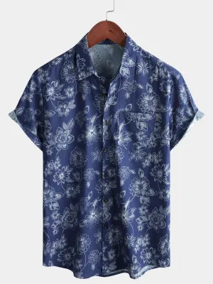 Men's Navy Blue Floral Hawaiian Beach Cotton Short Sleeve Shirt