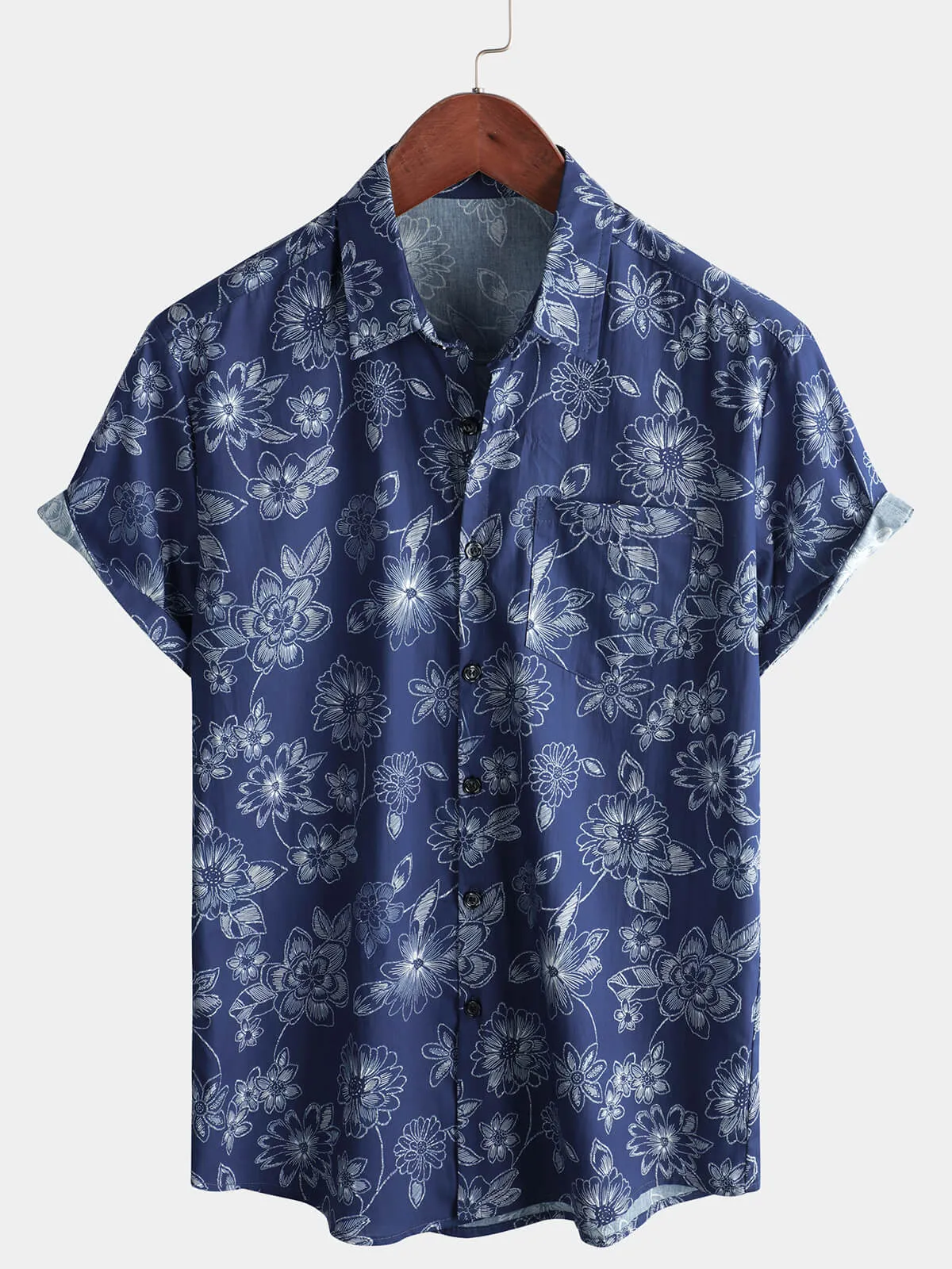 Men's Navy Blue Floral Hawaiian Beach Cotton Short Sleeve Shirt