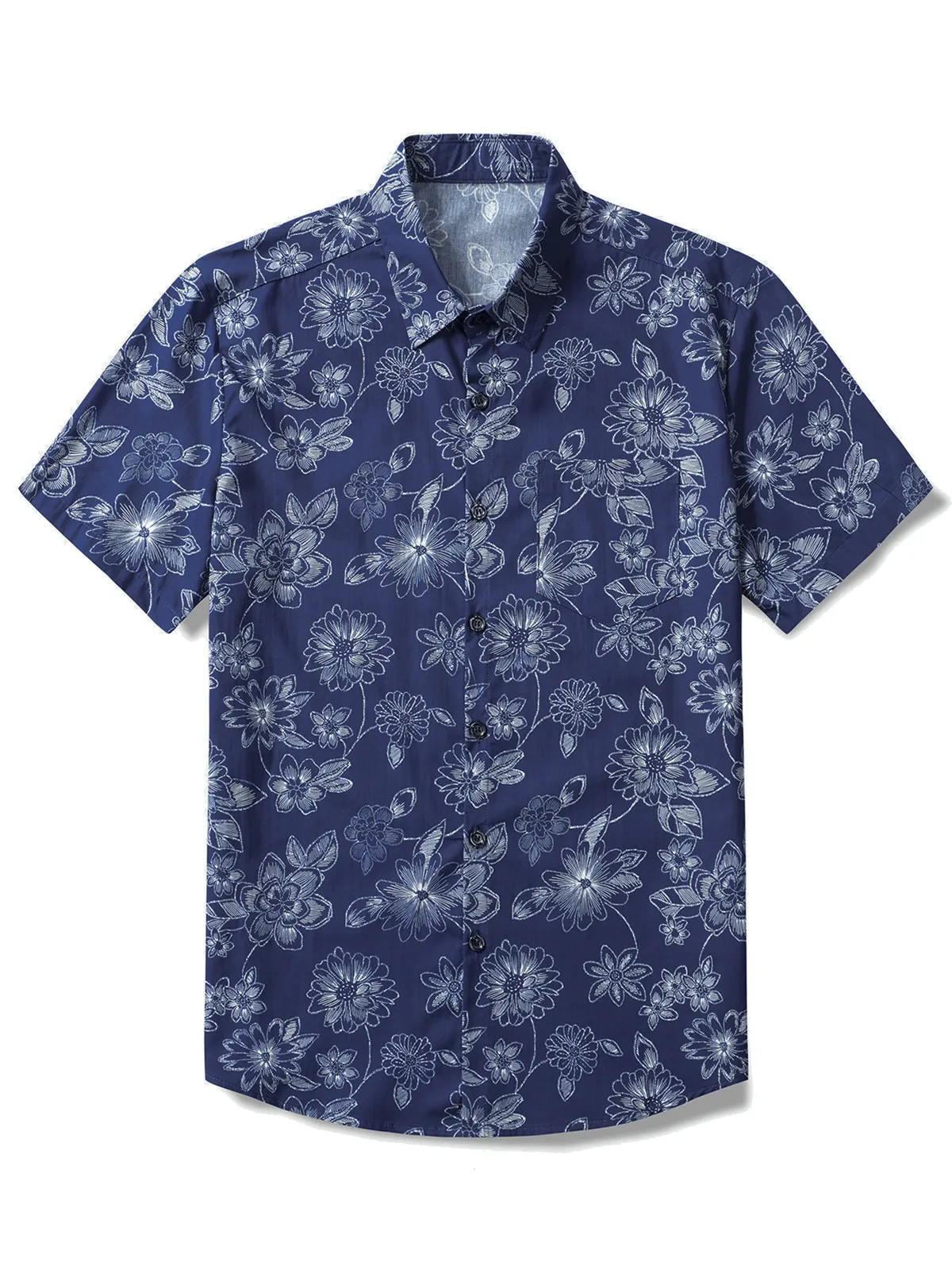 Men's Navy Blue Floral Hawaiian Beach Cotton Short Sleeve Shirt