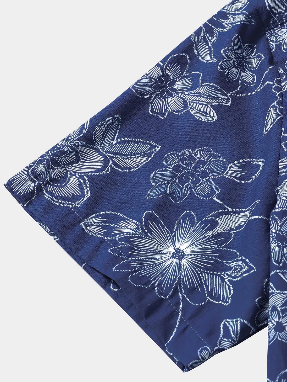 Men's Navy Blue Floral Hawaiian Beach Cotton Short Sleeve Shirt
