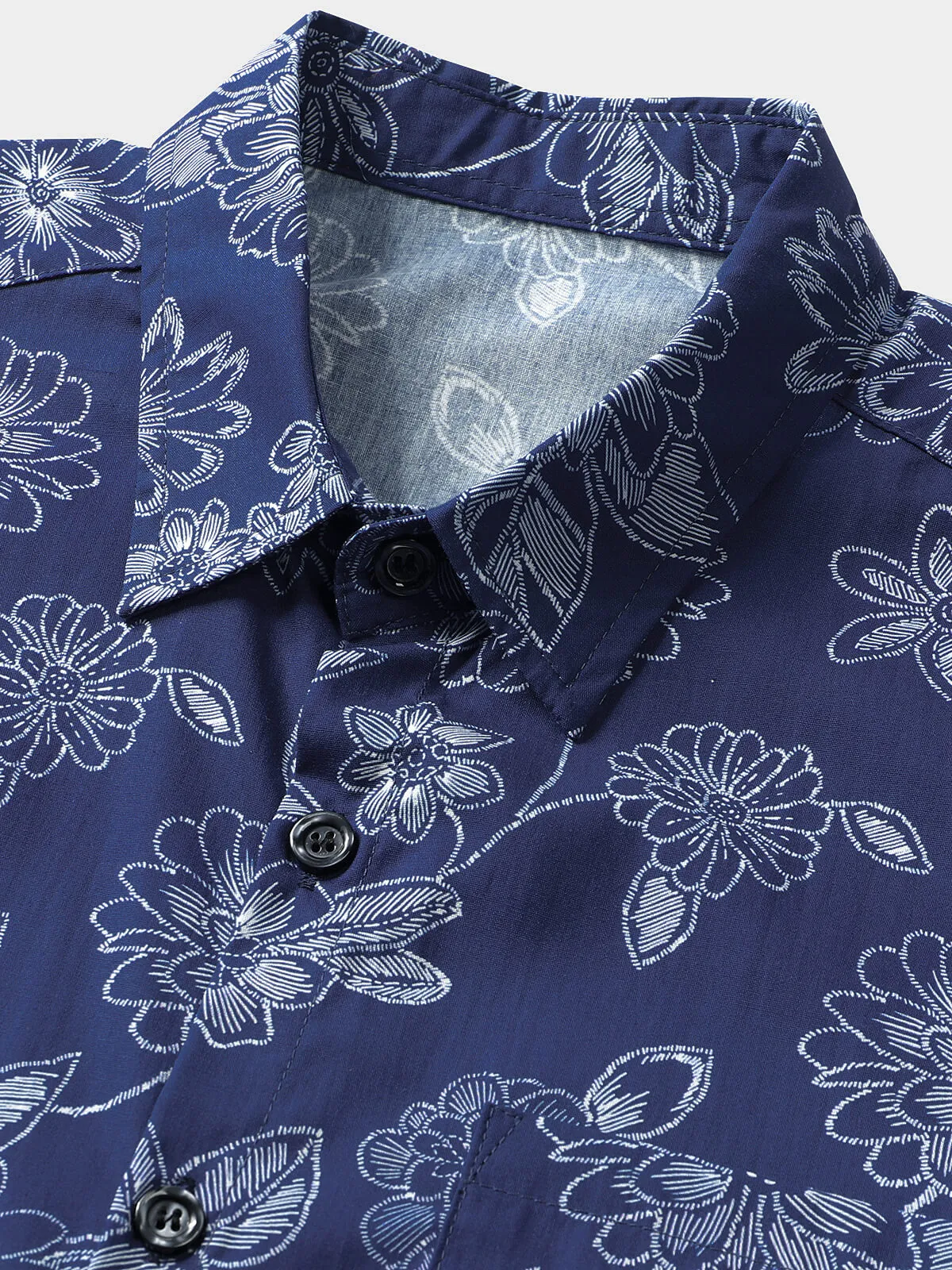 Men's Navy Blue Floral Hawaiian Beach Cotton Short Sleeve Shirt