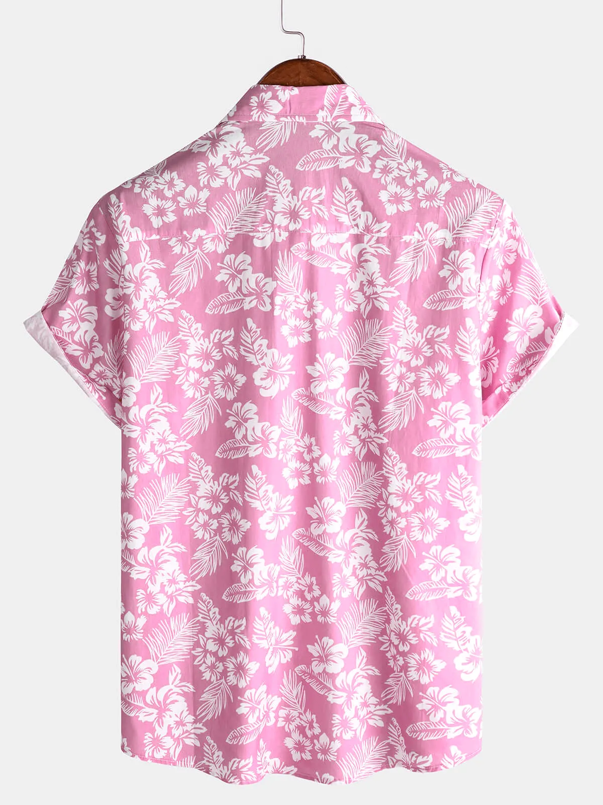 Men's Pink Cotton Hawaiian Floral Button Up Summer Short Sleeve Shirt
