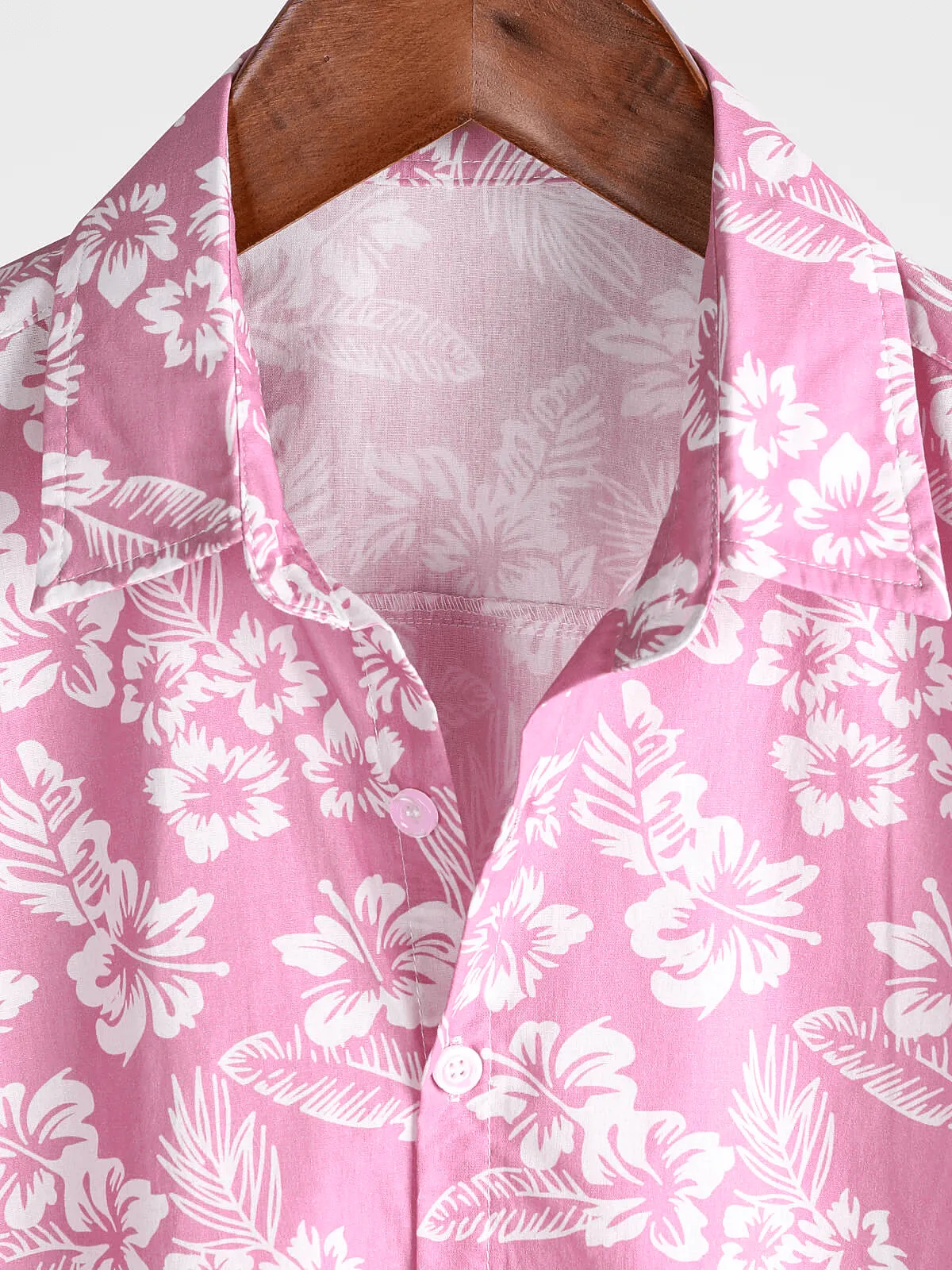 Men's Pink Cotton Hawaiian Floral Button Up Summer Short Sleeve Shirt