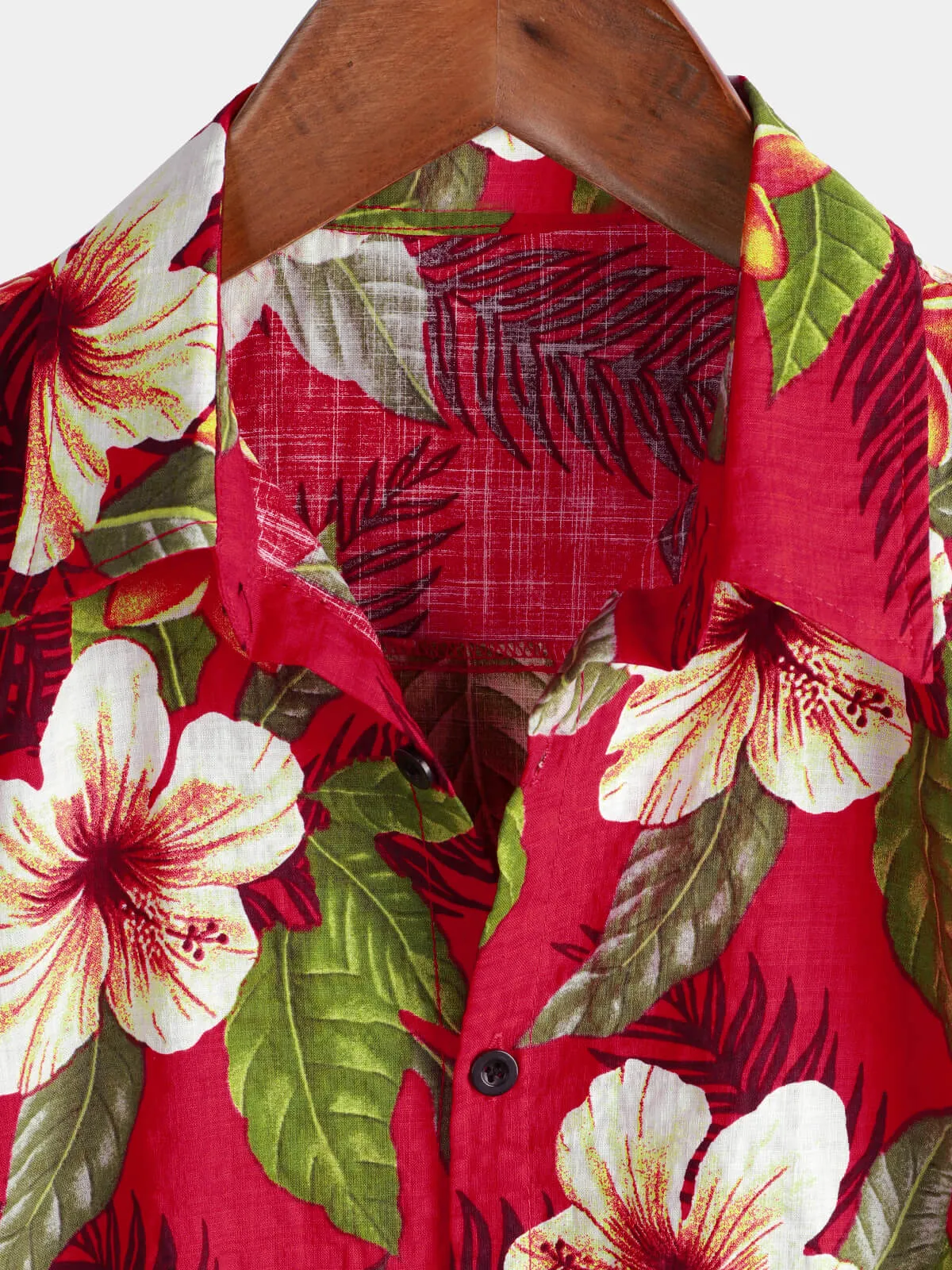 Men's Red Hawaiian Summer Tropical Floral Print Button Up Short Sleeve Shirt