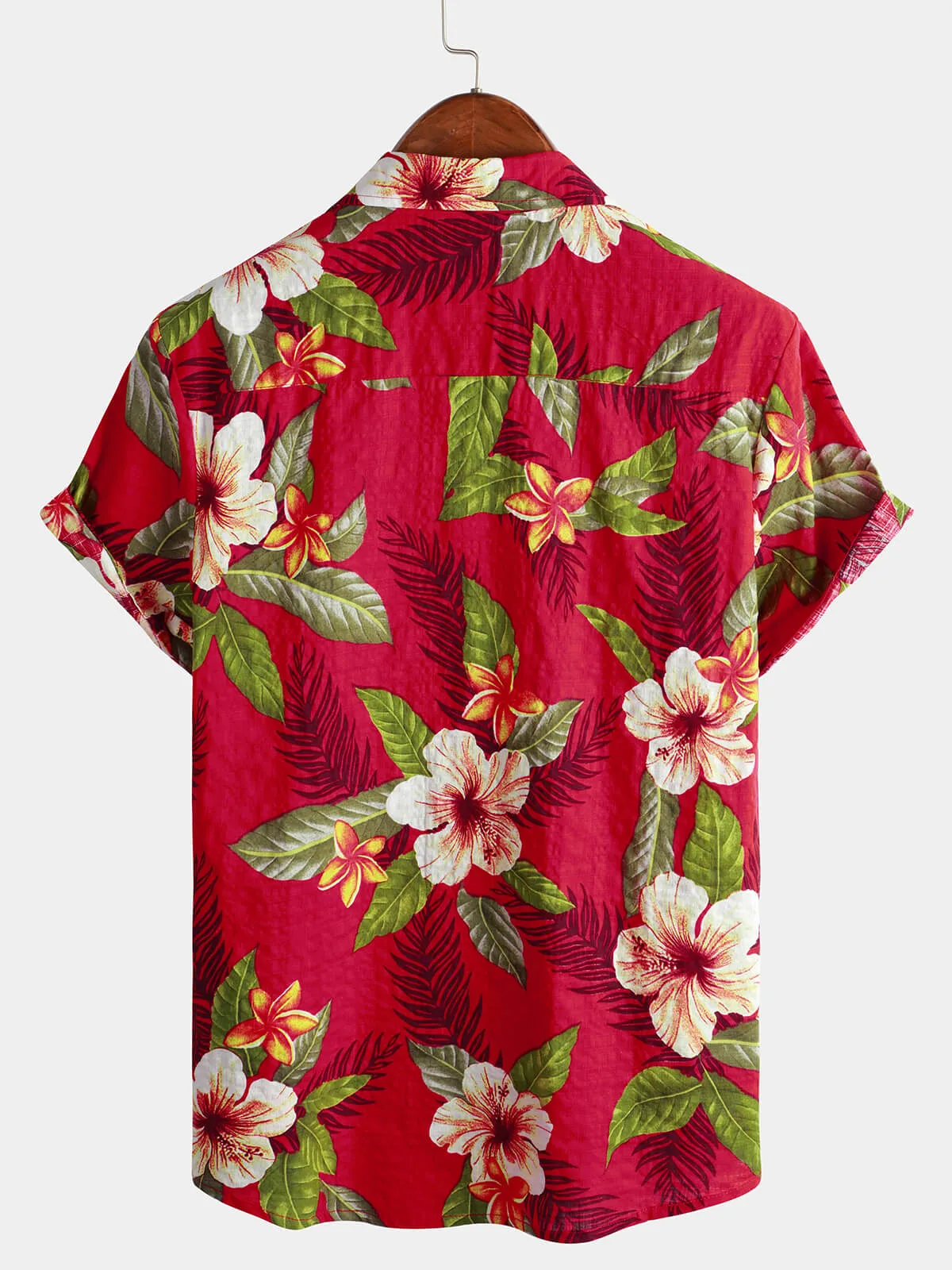 Men's Red Hawaiian Summer Tropical Floral Print Button Up Short Sleeve Shirt