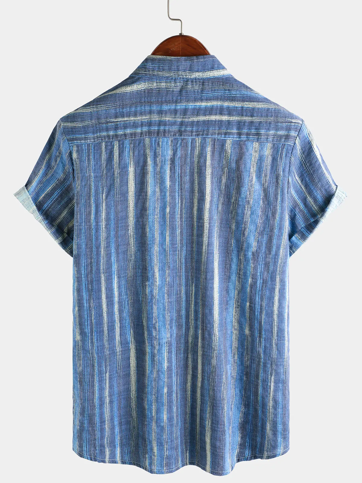 Men's Retro Blue Striped Holiday Short Sleeve Shirt