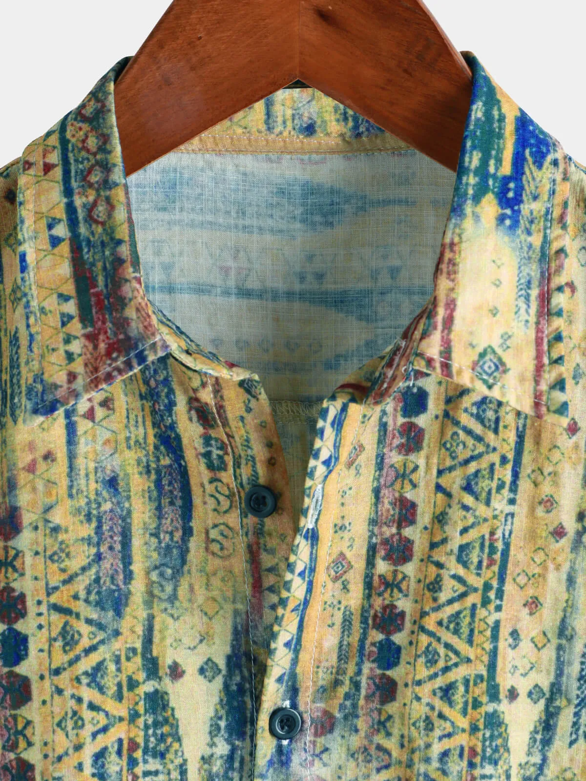Men's Retro Striped Yellow Button Up Short Sleeve Shirt