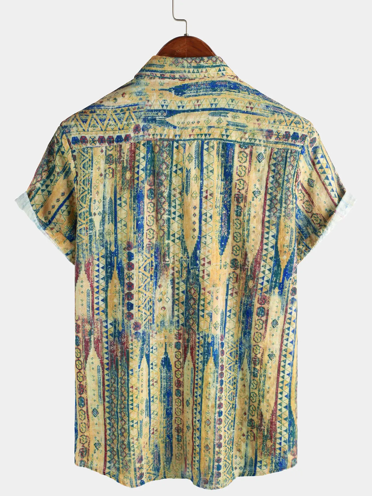 Men's Retro Striped Yellow Button Up Short Sleeve Shirt