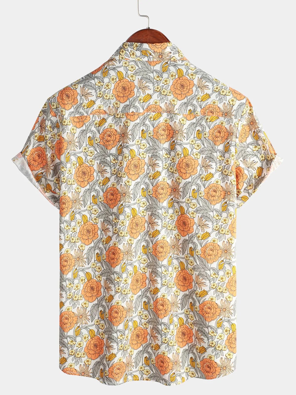 Men's Rose Floral Short Sleeve Button Up Cotton Pocket Summer Shirt