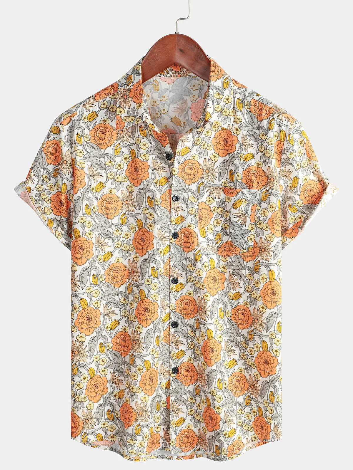Men's Rose Floral Short Sleeve Button Up Cotton Pocket Summer Shirt