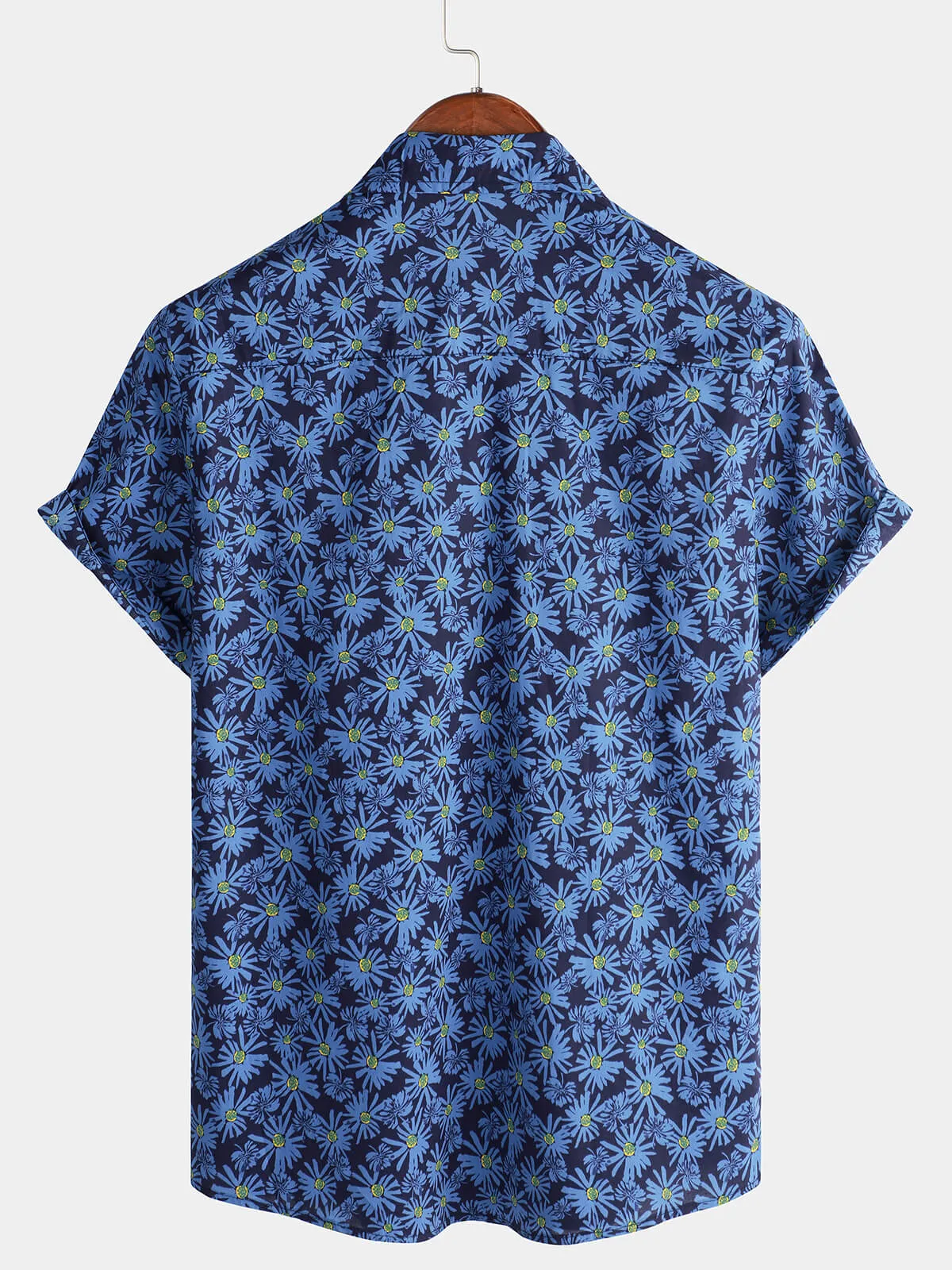 Men's Short Sleeve Floral Daisy Pocket Button Up Cotton Beach Shirt